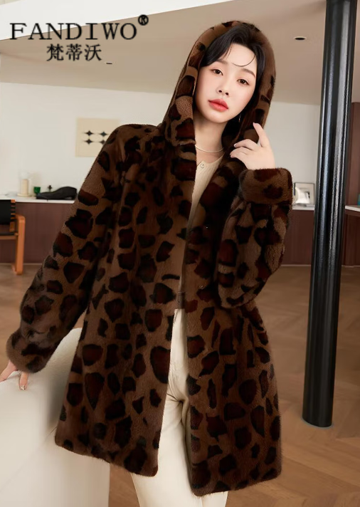 梵蒂沃（FANDIWO）品牌進口貂皮大衣女整貂2025新款時尚豹紋連帽水貂皮草外套中長款 豹紋 XL