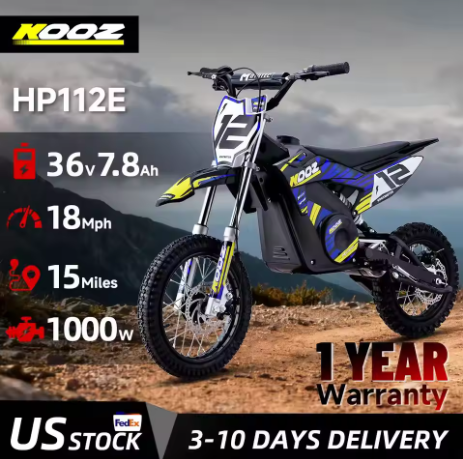 KOOZ HP112E 36V 1000W 兒童越野電動摩托車，3 種速度模式，最高時速 18 英里/小時，續航里程可達 15 英里